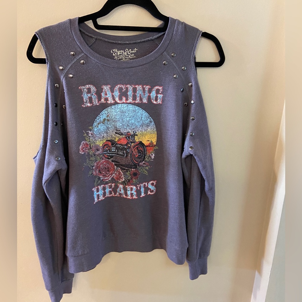 Gypsy Heart - Racing Hearts grey sweatshirt cut out shoulder look size medium